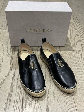 Jimmy Choo Womens Black Leather Gold JC Logo Espadrille Lichi Slip-Ons Size 39.5